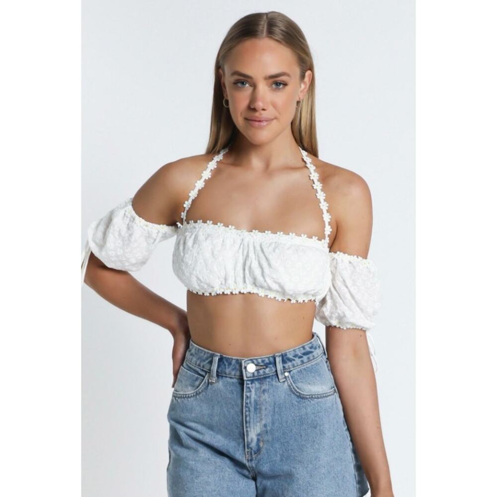 Showpo White Daisy Eyelet Crop Top Halter Off Shoulder Puff Sleeve Coquette Sz 4